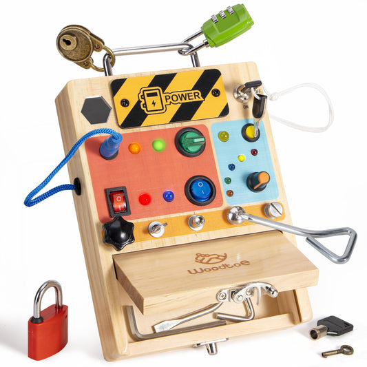 Woodtoe Montessori Toys for Toddler 3 4 5 Year Old, 3-in-1 Busy Board with LED Light Switch, Screwdriver Board Set, Lock and Key Toy, Educational Sensory Toys, Fine Motor Skill Birthday Toys for Kids