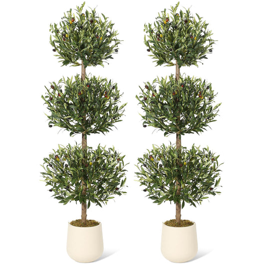 2 Pcs Artificial Olive Tree, 5FT Tall Olive Trees Artificial Indoor, Fake Olive Tree with Planter, 3-Tier Spherical Design Faux Olive Tree for Home Office Decor
