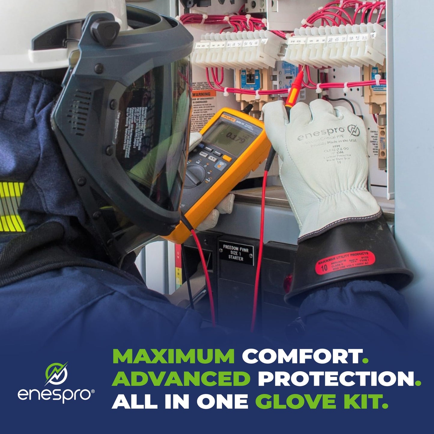Enespro Class 0 Insulated Electrical Gloves - 1000V AC, 1500V DC Rubber Electrical Gloves with Leather Protectors, Bag - ASTM D120 NFPA 70E Electric Glove for Power Crew, and Utility Workers, Red