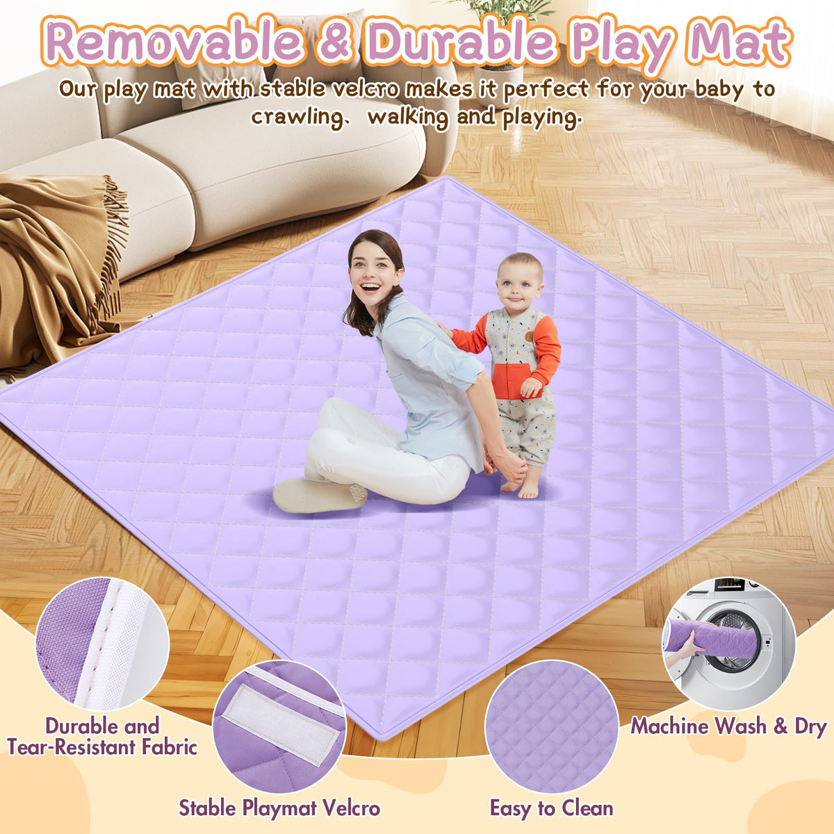 Baby Playpen with Mat 64"x64" - Playpen for Babies and Toddlers with Mat for Apartment - Play Yard with mat Included - Soft Breathable Mesh - All-Wrapped Sponge Play Pen with Handle & Bag (Purple)
