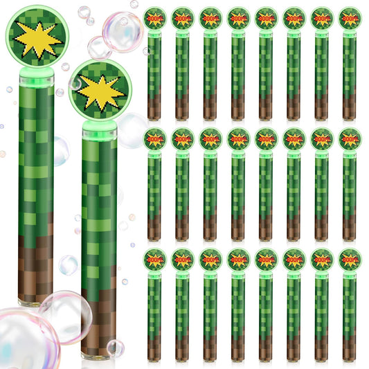 24 Pack Pixel Bubble Wands Bulk for Kids - Themed Birthday Party Favor with Green & Brown Pixel Mini Bubbles, Goodie Bag Stuffers, Classroom Prizes, Summer Outdoor Toys, Graduation Party Favors