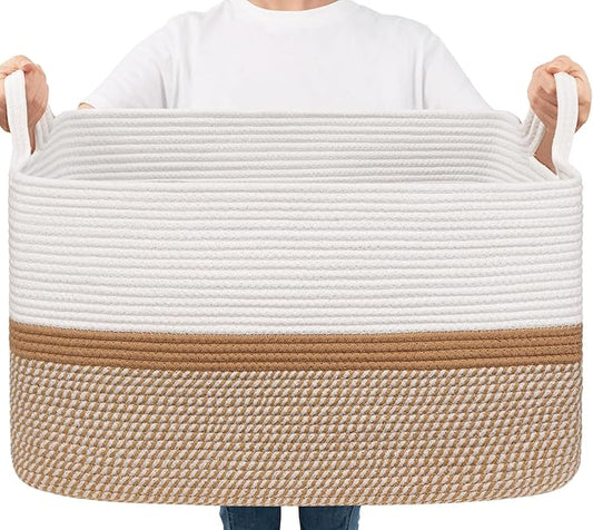 Goodpick Large Woven Blanket Basket 21.6" x 14.9" x 11.8" Storage Baskets for Organizing, Cotton Rope Basket for Home Decor Living Room Nursery, Toy Baskets Storage Kids, White & Camel Mix