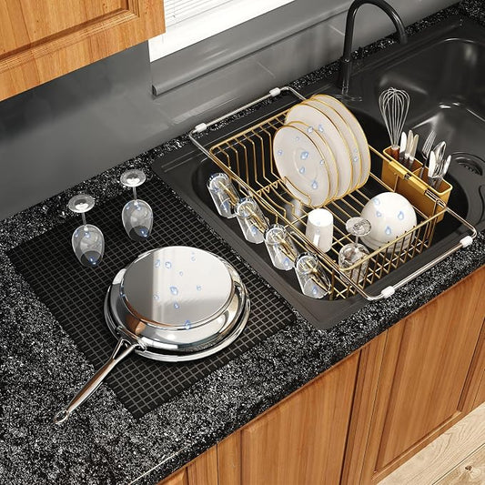 MAJALiS Gold Dish Drying Rack Over The Sink with Utensil Holder, Mat | Expandable Stainless Steel Dish Drainer for Small Kitchen, Apartment, RV, Counter Space Saving, Perfect Fit, Rustproof