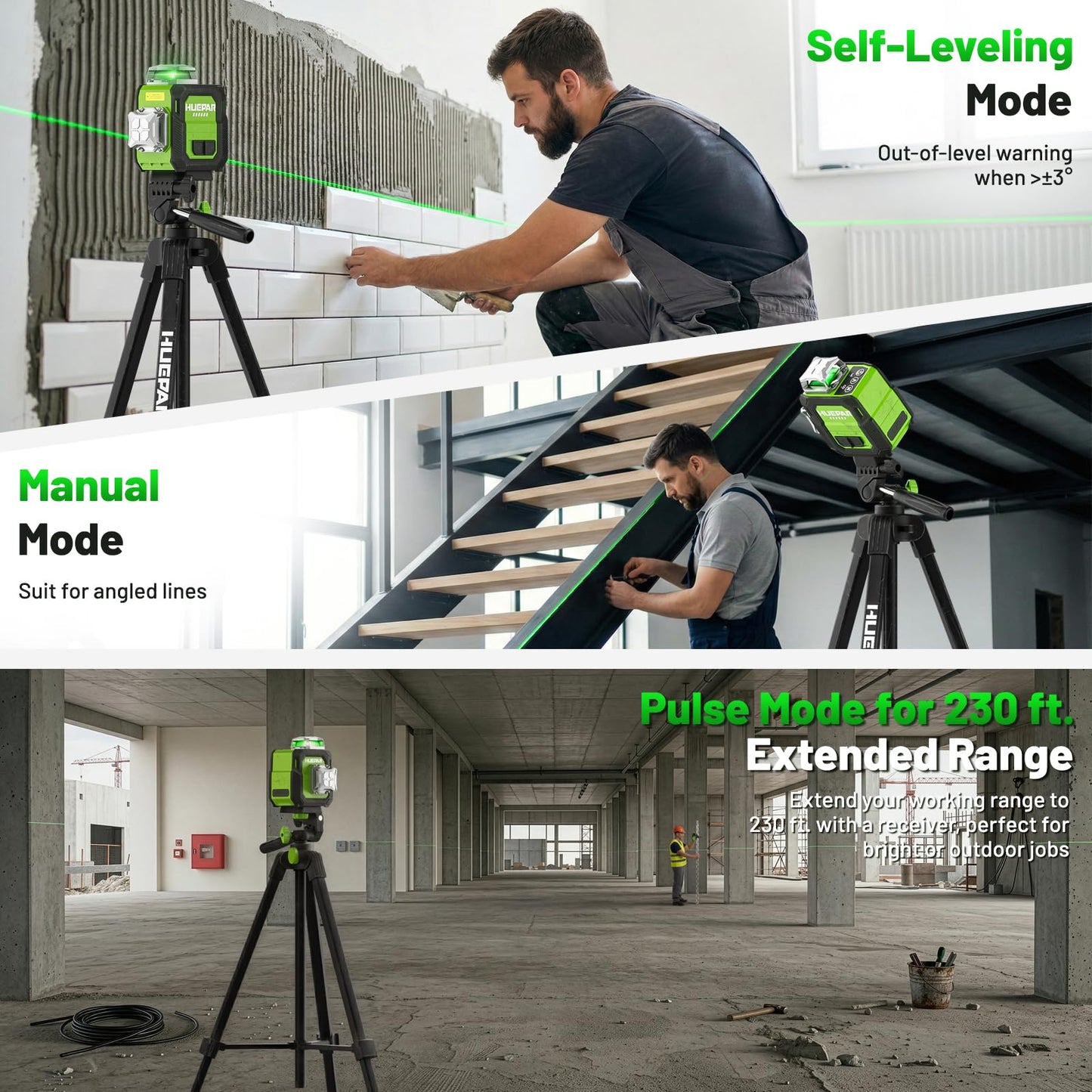Huepar Laser Level 360° Self Leveling with 60" Tripod, New 3D, Smaller Size, Better Value, 3x360° Green Cross Line Laser Level 12 Lines, Rechargeablel Outdoor Pulse Mode, Tile, Cabinet, etc. ST03CGTP