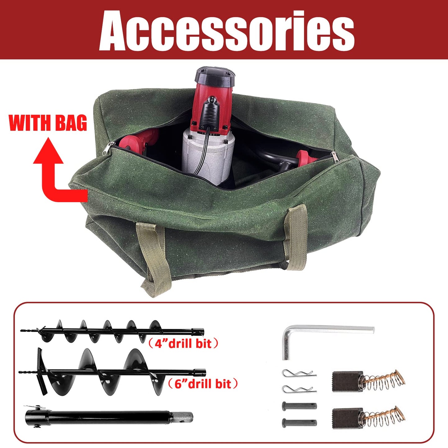 JACKCHEN 6-Inch & 4-inch Electric Post-Hole Digger with Storage Bag, Earth Auger Drill, Auger Bit Earth Auger with Carry Bag, Ideal for Post Hole Digging, Drilling, Tree Planting