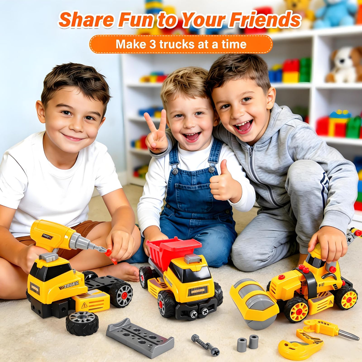 FLY2SKY Take Apart Toys for 3 4 5 6 7 8 Year Old Boys 9 in 3 Construction Toy with Electric Drill Take Apart Truck Set DIY Engineering Building Toy Push & Go STEM Toy Gift for Boys Toys Age 6-8