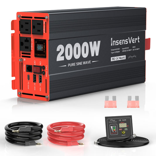 2000 Watt Pure Sine Wave Power Inverter DC 12V to 120V AC, with 2 AC,18W USB, and 30W Type-C Charging Ports, Car Solar Power Inverters with LCD Display for Home RV Truck