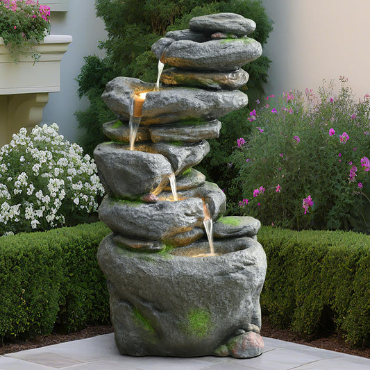 38" Outdoor Garden Water Fountain with Lights 5 Tiers Cascading Large Waterfall Floor Standing Fountain for Patio, Backyard, Deck, Porch and Home Art Decor
