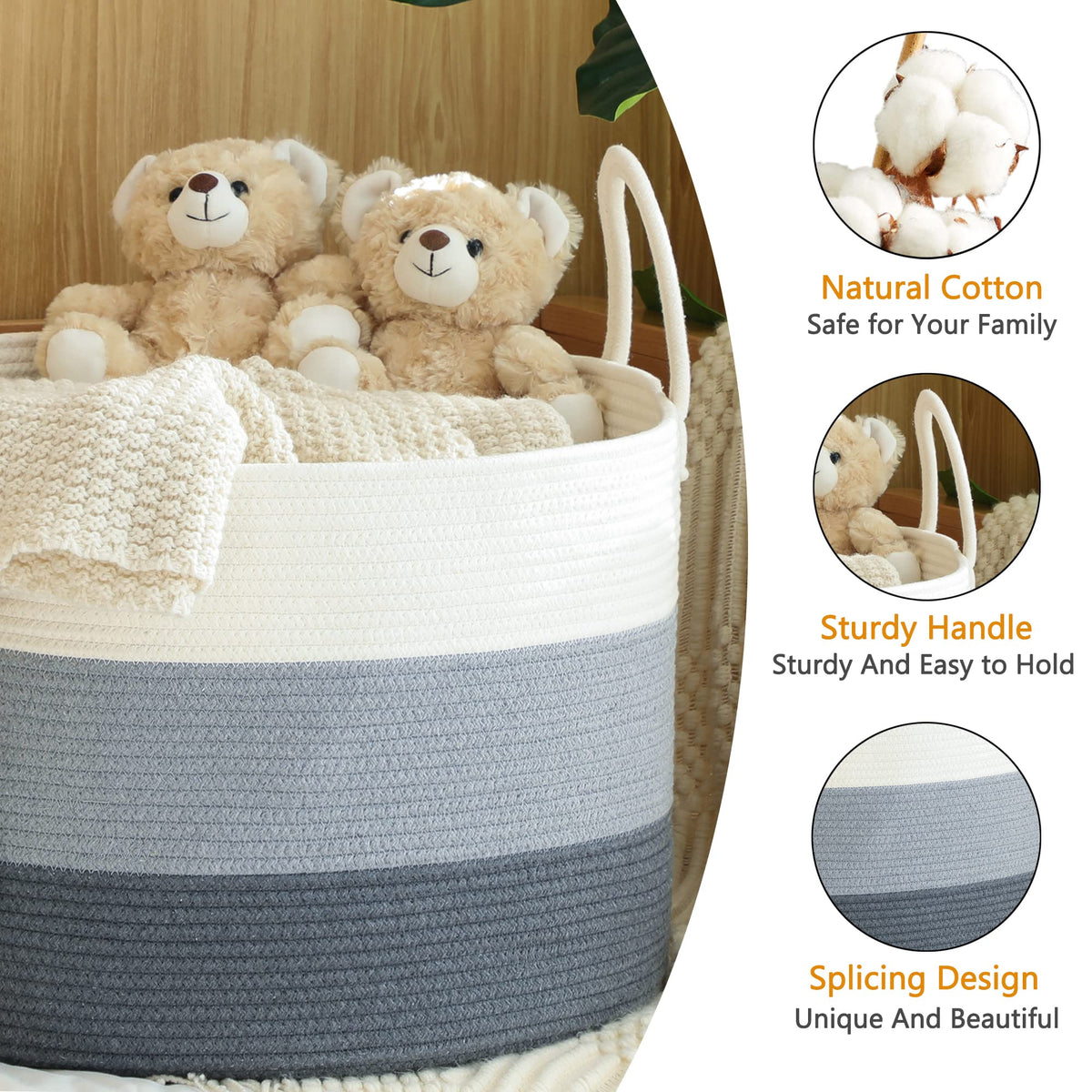 KAKAMAY Large Blanket Basket (20"x13"),Woven Baskets for storage Baby Laundry Hamper,Cotton Rope Blanket Basket for Living Room, Laundry, Nursery, Pillows, Baby Toy chest with Handles (White/Grey)