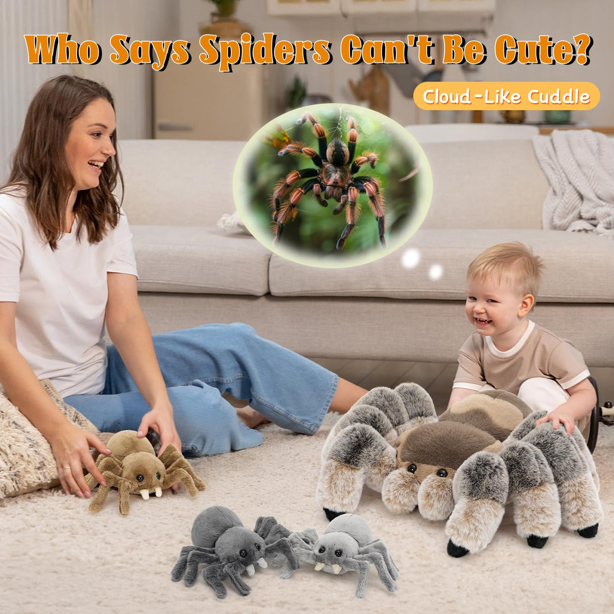MorisMos 4Pcs Large Spider Plush, 16 Inch Mommy Spider Stuffed Animals with 3 Babies, Soft Cuddly Pillow Plush Gifts for Kids Boys Girls, Brown