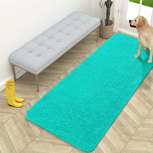 OLANLY Dog Door Mat - Absorbent Non-Slip Chenille Mat for Muddy Paws | Quick Dry 59x24, Teal