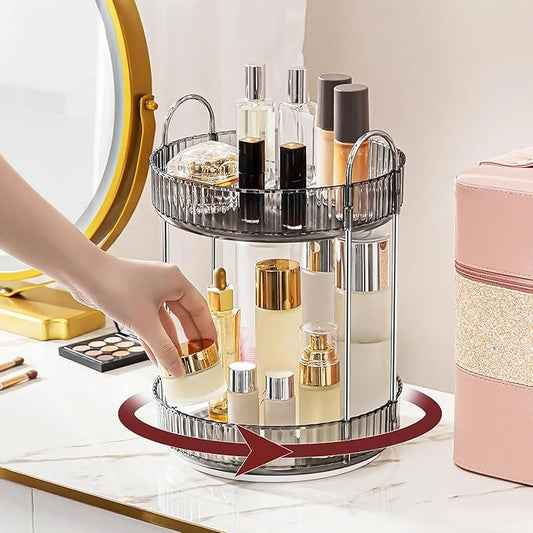 INVSSENE 360° Rotating Makeup Organizer, Bathroom Make Up Spinning Holder Rack, Large Capacity Cosmetics Storage Vanity Shelf Countertop, Fits Cosmetics, Perfume, Skincare, Lipsticks(2 Tiers, Gray)