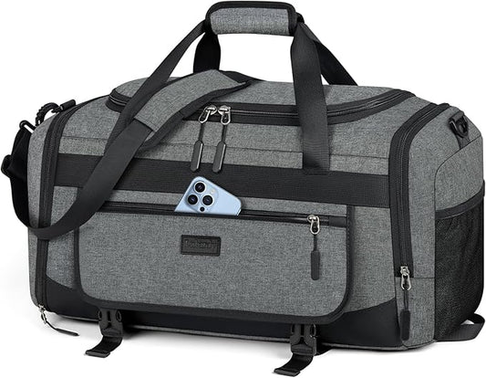 IGOLUMON Gym Bag for Men 55L Sports Duffel Bags Gym Duffle Bag Women with Shoe Compartment & Wet Pocket Water Resistant Travel Duffel Bag Lightweight Weekender Overnight Bag Gray