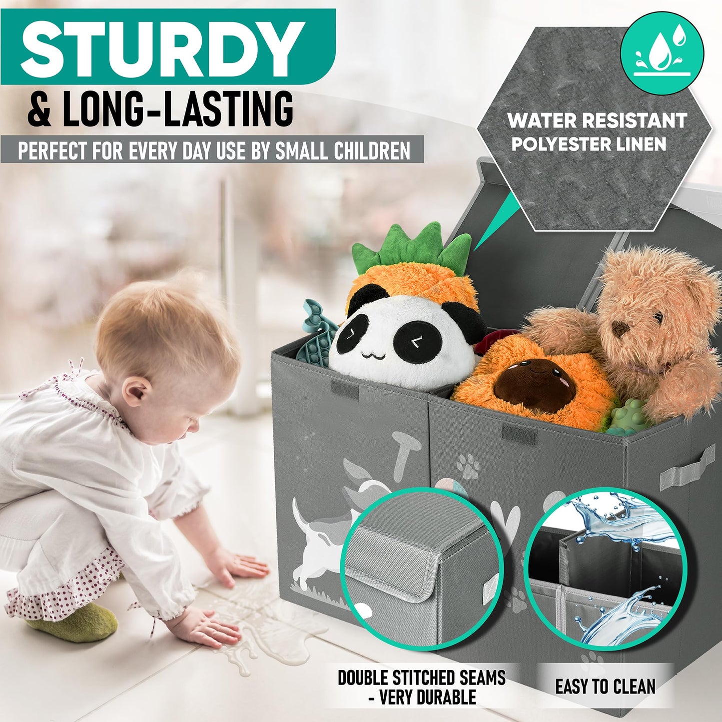 Hula Home Large Toy Box (2pc) - Lightweight Collapsible Sturdy Toy Storage Chest w/Flip-Top Lid & Handles (24.5" x 12" x 16") (Dog & Elephant)
