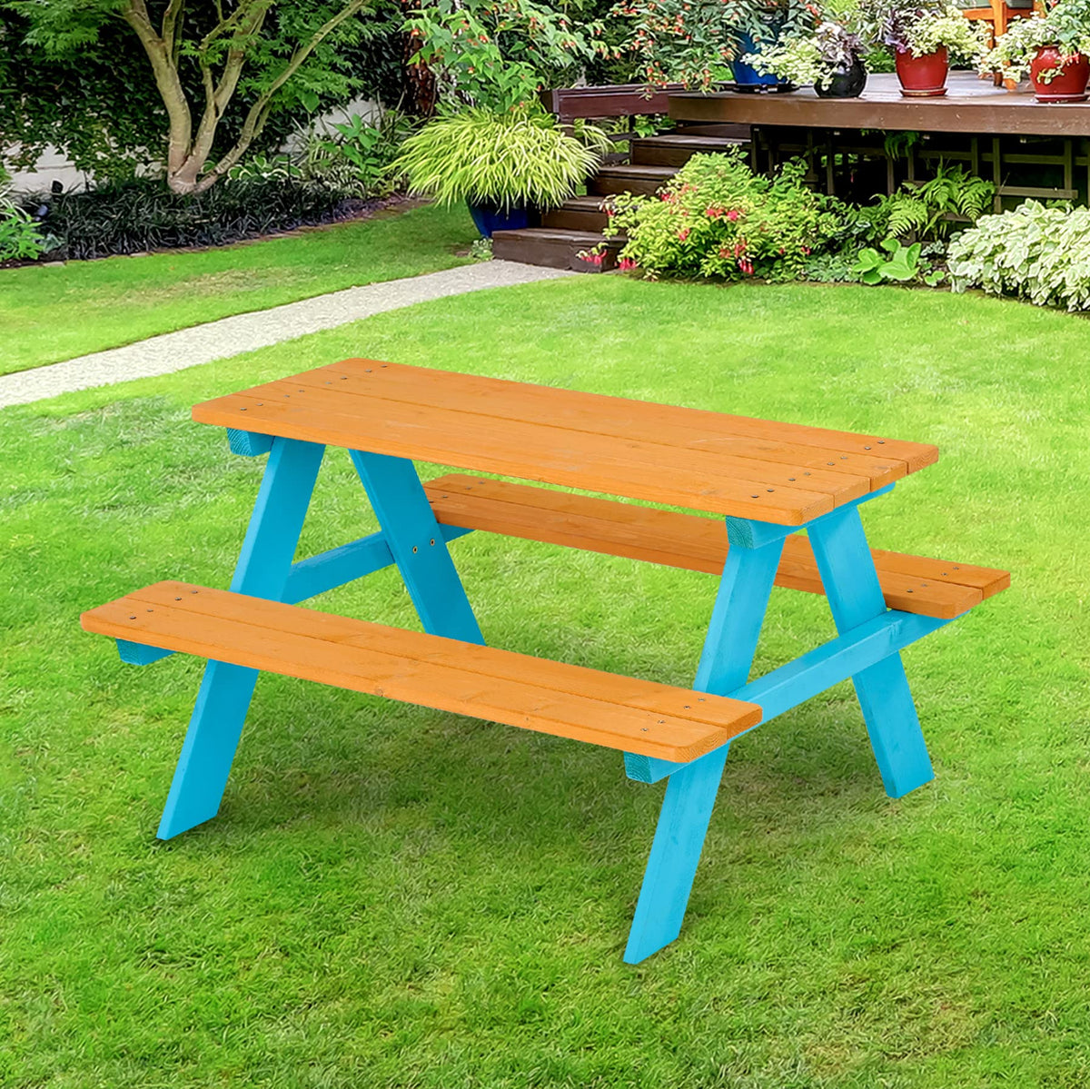 Teamson Kids - Wooden Outdoor Child Children Kids Picnic Table & Chair Bench Set - Brown/Aqua