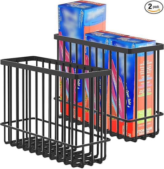 2 Pack Cabinet Door Organizer, Foil and Plastic Wrap Organizer, Wall Mounted Kitchen Organizers and Storage Wire Basket, Pantry Door Storage Kitchen Wrap, Black