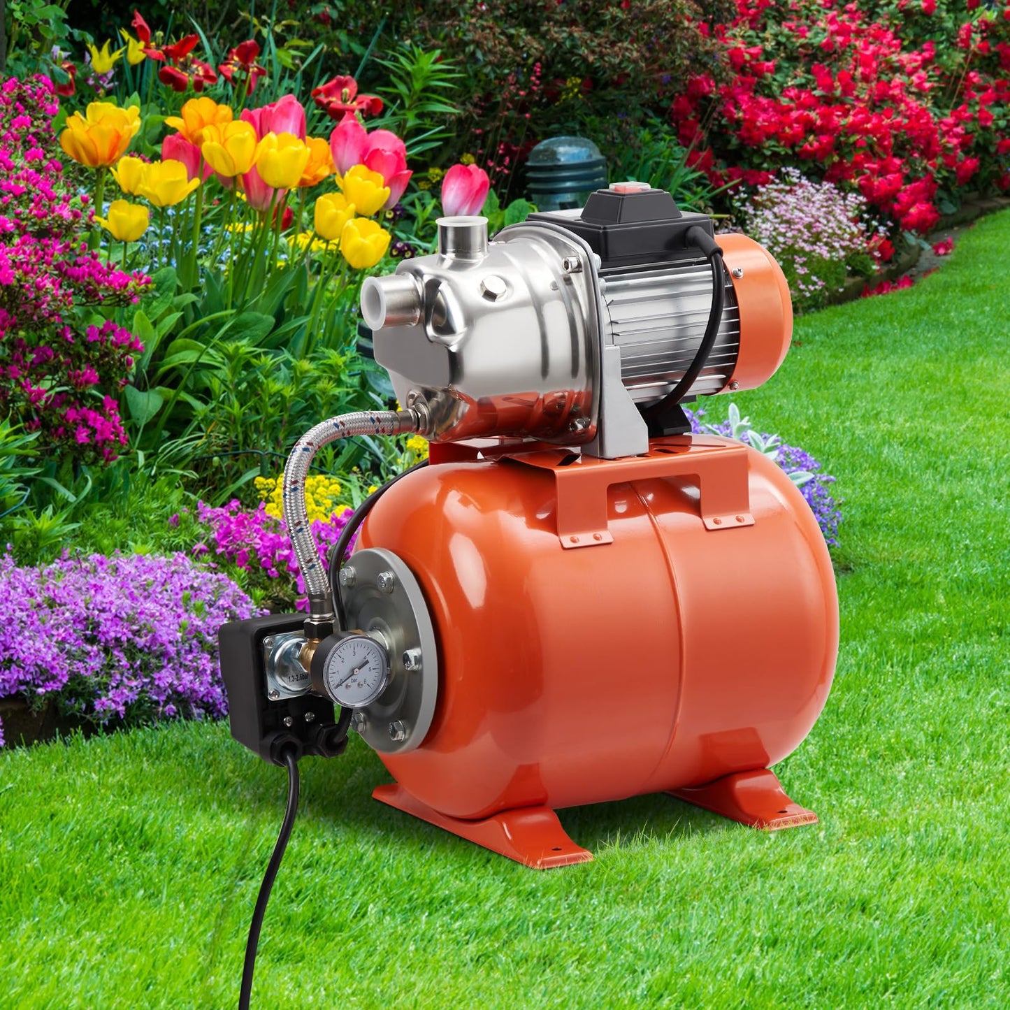 1.6HP Shallow Well Pump with Pressure Tank,1340 GPH Flow Rate, 115V Automatic Pressure Switch, Stainless Steel Well Pump for Home Irrigation, Lawn, Farm, Water Pressure Boosting,Winter Proof Design