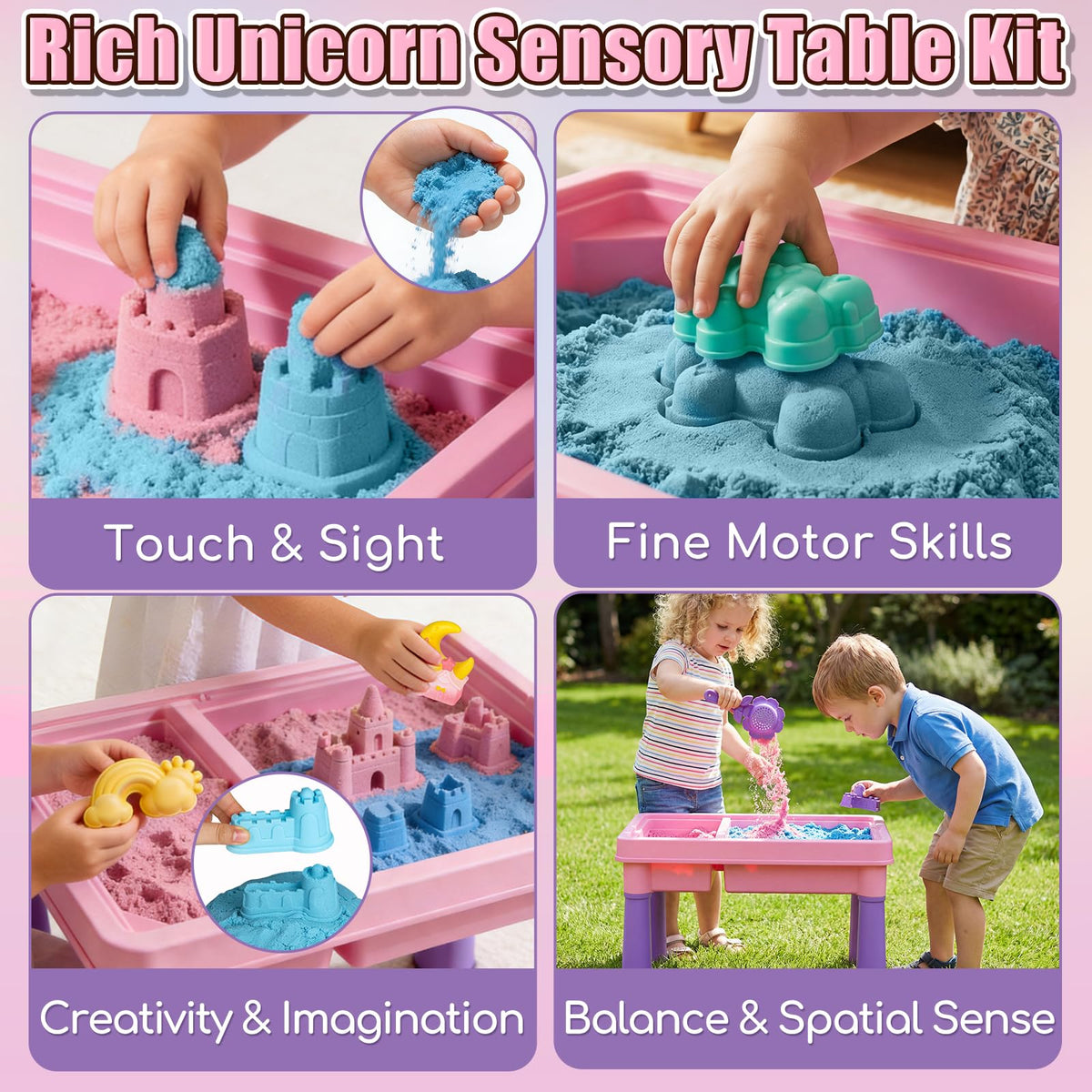 Lehoo Castle Unicorn Sensory Table with Sand, Indoor Outdoor Sand Table with Lid for Toddlers Kids, Upgraded Adjustable Legs, Red & Blue Play Sand Art Kit, Preschool Learning Activities Gifts