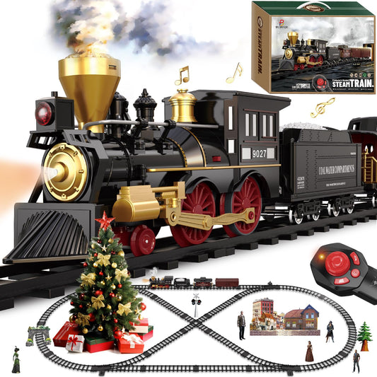 Train Set for Kids Remote Control Train Toys w/Steam Locomotive,Passenger Carriage & Luxury Tracks, Electric Trains w/Realistic Smoke,Sounds & Lights, Christmas Birthday Gift for Boys Girls 3 4 5 6 7