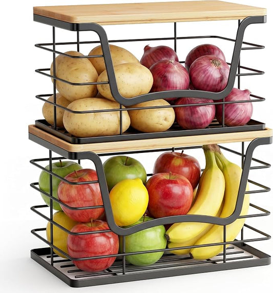 ALOCEO 2 Pack Stackable Wire Storage Basket with Bamboo Lid, Stainless Steel Extra Large Trash Bag Dispenser Roll Holder for Kitchen Sink, Laundry, Pantry Organizer and Storage, Black