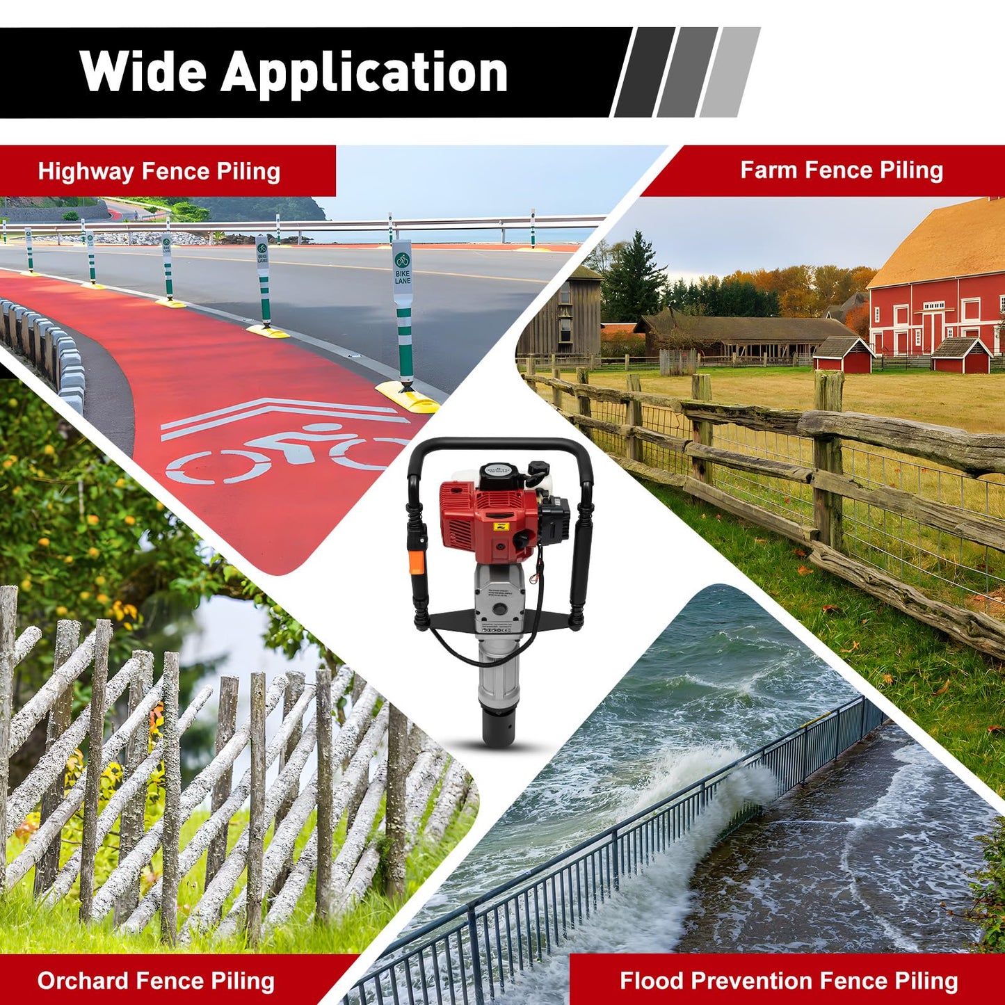 52CC Gas Powered T Post Driver 2 Stroke Pile Driver Hammer Fence Post Driver Gas Piledriver Gasoline Powered T-Post Driver Gas Post Driver Single Cylinder Air-Cooling Engine with 2 Post Driving Head