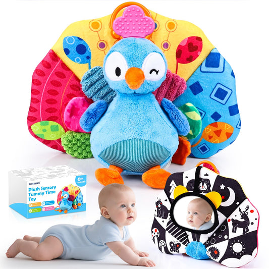 Baby Sensory Tummy Time Toys 0-3-6-12 Months, High Contrast Newborn Infant Peacock Toy, Washable Stuffed Animal Toy with Mirror Crinkle Rattle Teether,Baby Boy Girl Shower Gifts Easter Basket Stuffers