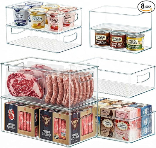Heyuzb 8 PACK Freezer Organizer Bins Fridge Organizers and Storage Stackable Refrigerator Organizers Bins with Side Handles Clear Storage Bins for Pantry, Under Sink, Kitchen Cabinet