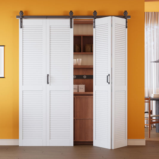 Bifold Barn Door 72" (36" x 2) x 84" and Hardware Included Handle, MDF Panel PVC Surface Bi Fold Barn Door for Closet Pantry Laundry, White Louver Bifold Sliding Closet Doors