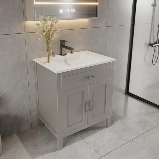 30" Light Grey Bathroom Vanity Base Only – Freestanding Solid Wood Sink Cabinet with Tip-Out Drawer, Shaker Style Storage, No Top or Sink, 30" W x 21" D x 34.5" H