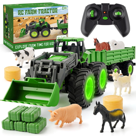 Remote Control Tractor Toy, Kids RC Tractor Set with Truck & Trailer and Light/Loading/8 Wheel, 2.4 Ghz RC Farm Vehicle Toys, Animal Farm Kids Toy for 3 4 5 6 7 8 9 Year Old Boys Girls Birthday Gift