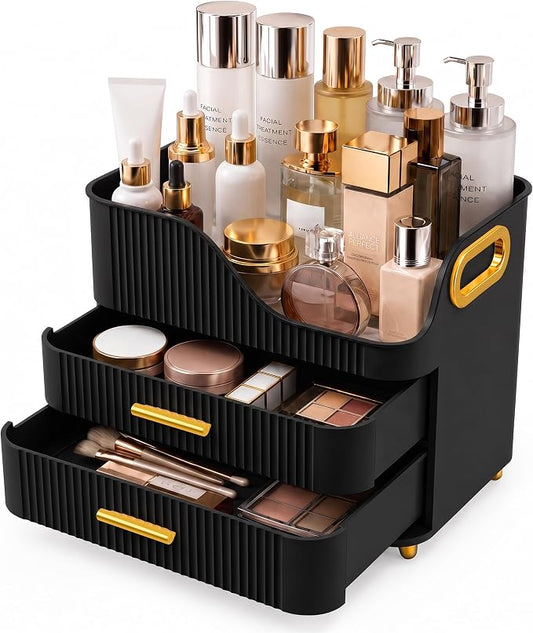 Booklov Countertop Makeup Organizer with Drawers, 3 Tier Large Cosmetic Storage Box for Vanity, Bathroom Counter, Dresser, Skincare Display Case for Lipsticks, Beauty Palettes, Teen Girl Gifts, Black