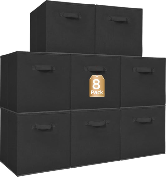 Storage Maniac Storage Cubes - 13 Inch Collapsible Bins with Handles | 8-Pack Durable Black Fabric for Organization