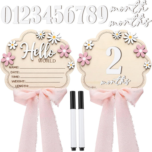 1-12 Amyhill Pink Bow Baby Announcement Sign Wooden Monthly Milestone Blocks with Number Hello World Newborn Signs Pink