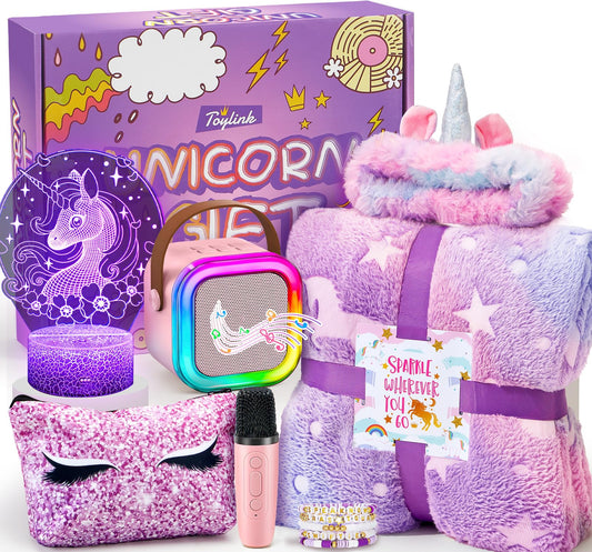 Toylink Unicorn Gifts for Girls Age 4 5 6 7 8 9 10, Kids Unicorn Toys with Mini Karaoke Machine/Glowing Blanket/Night Light/Headband/Bracelets, Birthday Graduation Gifts for Daughter Niece