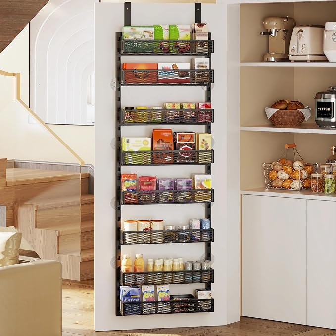 Over the Door Pantry Organizer, 8-Tier Over the Door Spice Rack with Adjustable Baskets, Wall-Mounted or Hanging Shelves for Kitchen, Laundry Room, Bathroom(Black, 19.3"W x 5.2"D x 72.6"H)