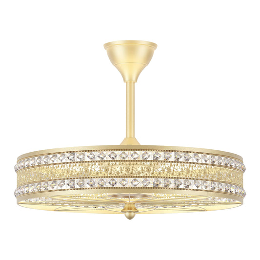 24 Inch Fandelier Ceiling Fan with Light and Remote, Luxury Crystal French Rococo Chandelier Fan, Bladeless Enclosed Caged Pendant Light Fixture for Living Room, Bedroom, Dining Room, Kitchen Island