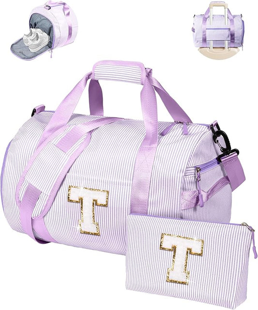 Trendy Stuff for Tween, Girl Gym Bag, Kids Initial Overnight Duffel Bags with Shoe Compartment, Personalized Dance Bag with Makeup Pouch, Gift for 3 4 5 6 7 Year Old Kid (Letter T)