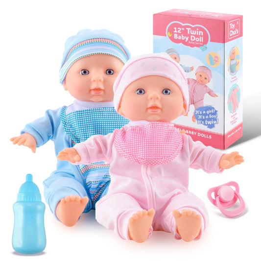 Toy Choi's Twin Baby Dolls 12 inch Soft Body 2 Dolls Playset with Rompers, Hat, Pacifier and Doll Bibs, Gifts for 1 2 3 4 5 Year Old Boys Girls, Toddlers and Kids