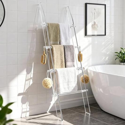 MESAILUP Blanket Ladder 5.6FT for Bathroom, 4 Tier Modern Decor Waterproof Blanket Holder for Living Room and Bedroom, Easy Assembly Clear Acrylic Ladder Shelf, Leaning Quilt Rack with Anti Slip Pads