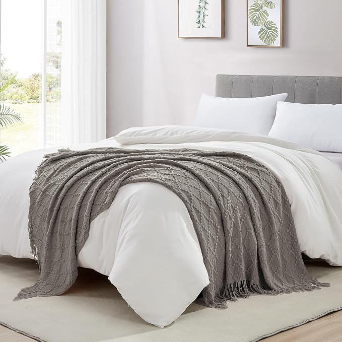 BOURINA Dark Grey Throw Blanket 50 x70 Inches Jacquard Argyle Throw Textured Solid Soft Throws and Blankets for Sofa or Bed Knitted Decorative Blanket