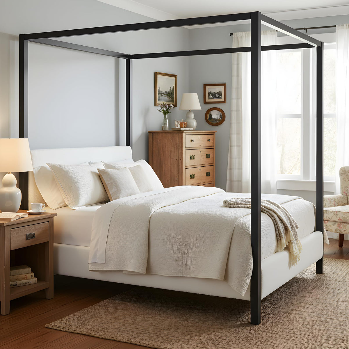 Merax Modern Queen Szie Metal Canopy Bed with Plush Bouclé Upholstery,Four-Poster Bed with Wood Slat Support,Padded Headboard & Side Rails,No Box Spring Needed,Luxury Bedroom Furniture,White+Black