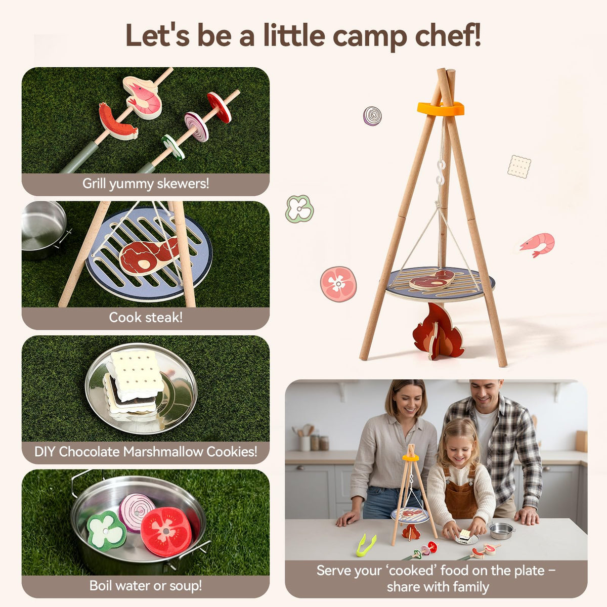 Wooden Kids Camping Toy Set, Campfire Cooking Play Set with Tripod Grill, S’Mores & Kebab Skewers, Montessori Pretend Camping Kitchen Gift for Toddlers Ages 3–6