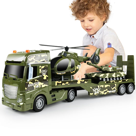 Dwi Dowellin Green Military Big Truck Toys,25.6" Semi Truck Toy with Helicopters and Tank,Army Toys with Lights & Sounds,Birthday Gift for 2 3 4 5 Years Old Boys and Girls