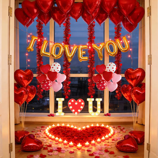 Ultimate Valentines Day Romantic Decorations Special Night for Bedroom with 33FT Lights,5000 Rose Petals and Candle Set for Hotel Room Home Decor,Valentine Anniversary I Love You Balloon&Letter Sign