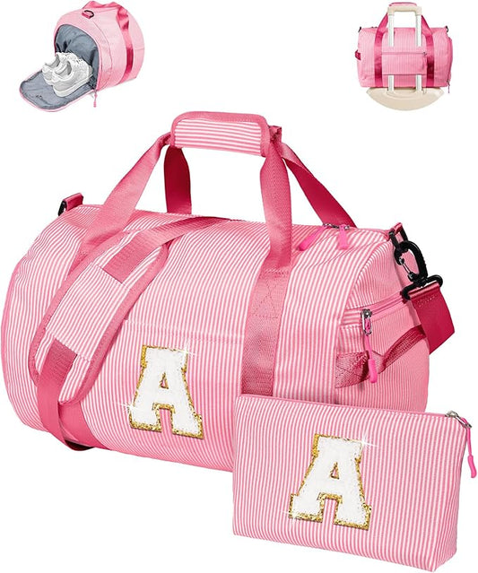Gift for 3 4 5 6 7 8 9 10 11 12 Years Old Girls, Girl Gym Bag, Kids Initial Overnight Duffel Bags with Shoe Compartment, Personalized Travel Bag with Makeup Pouch, Birthday Gifts (Letter A)