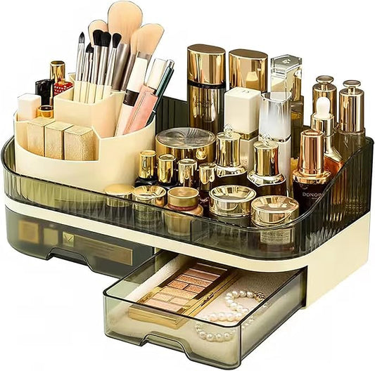 Makeup Organizer Countertop with Dual Drawers, Large Capacity Cosmetic Storage for Vanity Bathroom Skincare, 360° Rotating Makeup Brush Holder