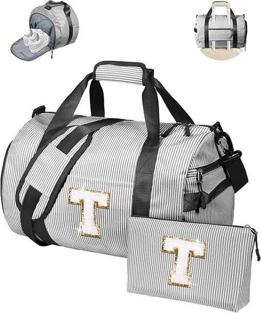 Dance Recital Gifts for Girls, Girl Gym Bag, Kids Monogram Overnight Duffel Bags with Shoe Compartment, Personalized Travel Bag with Makeup Pouch, Cheer Stuff for Daughter (Letter T)