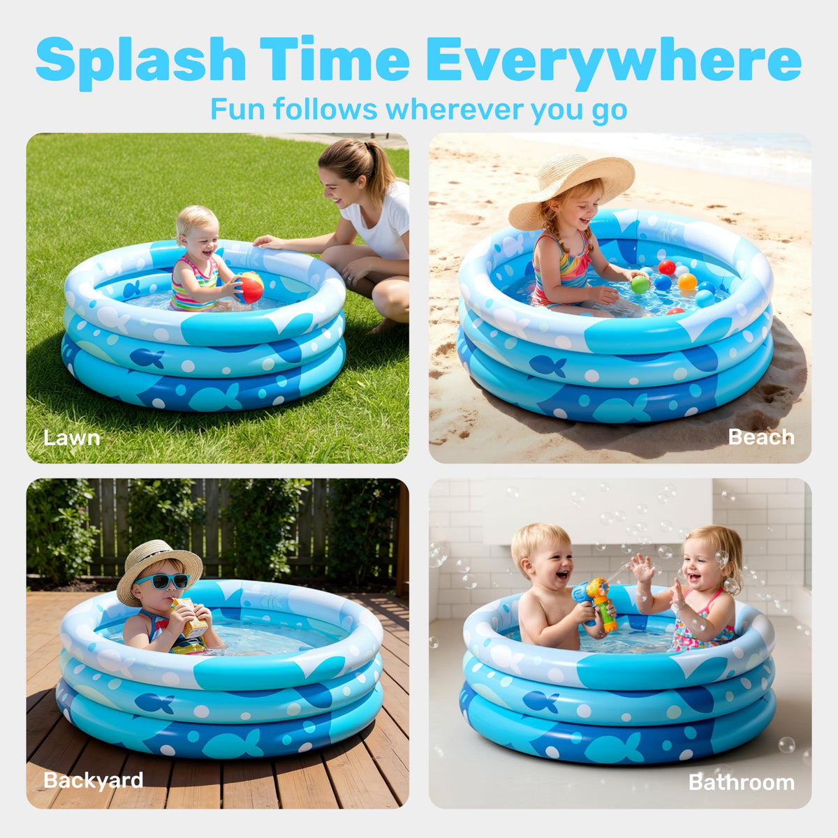 Sloosh Inflatable Kiddie Pool, 34"x10" Blow Up Kid Swimming Pool,3 Rings Blue Baby Pool for Toddler,Play Pit for Dog with Geometric Pattern for Summer Water Party Backyard Garden(Fish)