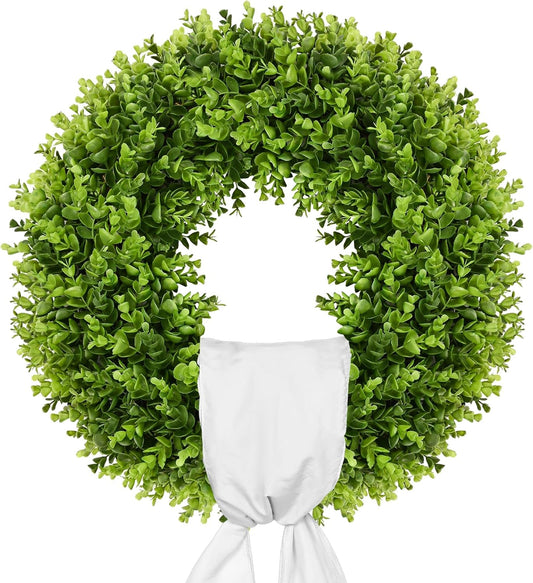 Vlorart 20" Faux Round Boxwood Wreath - Large Artificial Greenery with Plaid Bow for Door & Wedding Decor