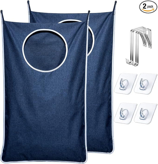 KEEPJOY 2 Pack Large Hanging Laundry Hamper Bag, 35x21.6 Inch Oversized Clothes Hanging Laundry bag with Hooks, Perfect for Managing Dirty Clothes Storage Bag (Blue,2-Pack)